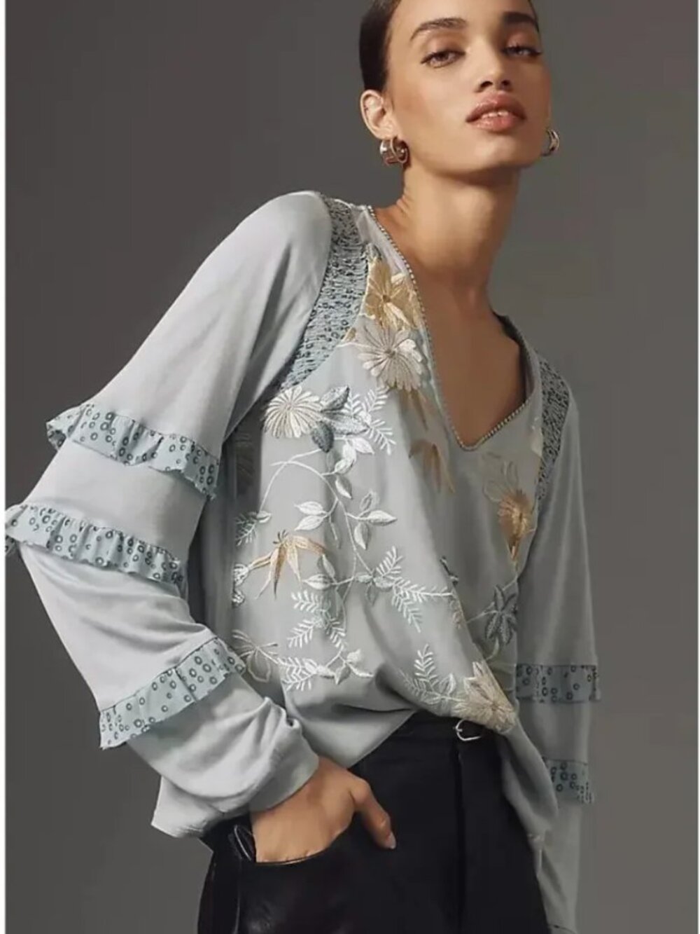 Anthropologie Tiny Frances Blouse Embroidered Floral Ruffle Boho Top Size Small